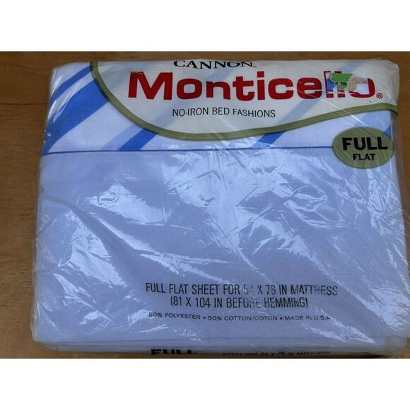 Vintage Cannon Monticello Double Full Fitted & Flat Sheet White w/Blue Stripes - Picture 4 of 8